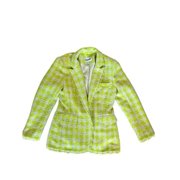 Steve Madden Harlow Womens Acid Lime Houndstooth Tweed Blazer Jacket Medium - Picture 1 of 10